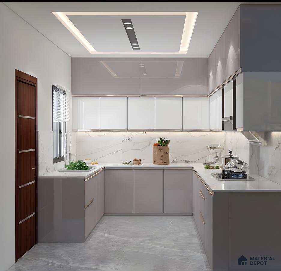 Elegant U-Shaped Kitchen With Glossy Acrylic Cabinets And Marble Look Finishes | Material Depot