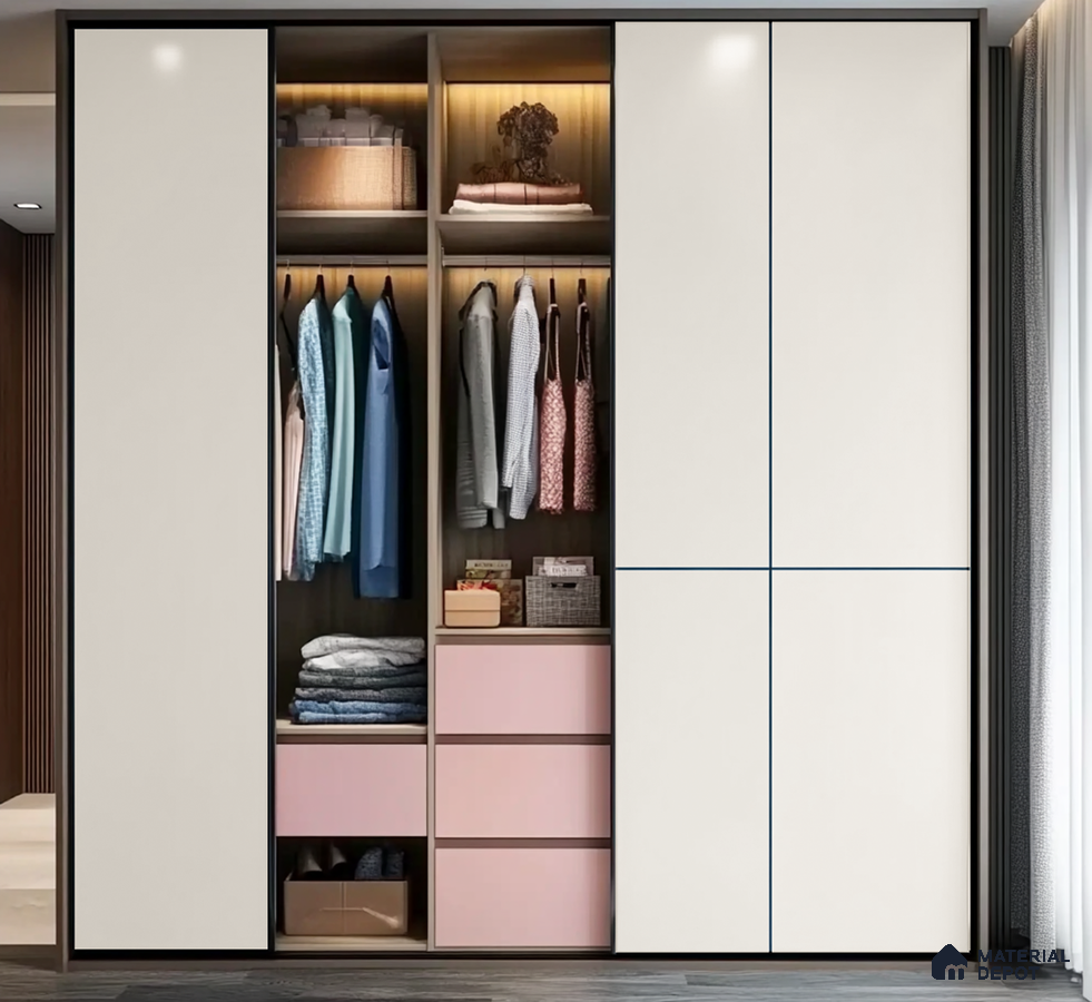 Elegant White and Pink Laminate Sliding Wardrobe for a Stylish Bedroom | Material Depot