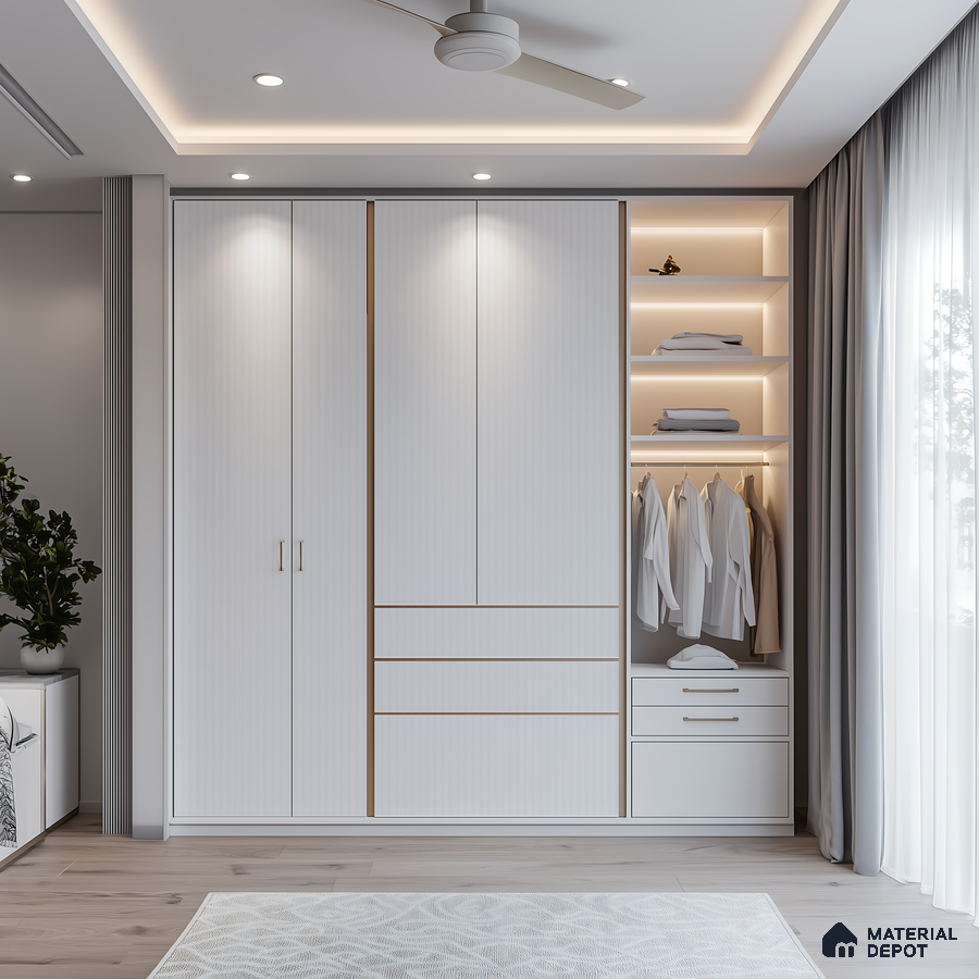 Elegant White Wardrobe with Open Shelves and Soft Ambient Lighting | Material Depot