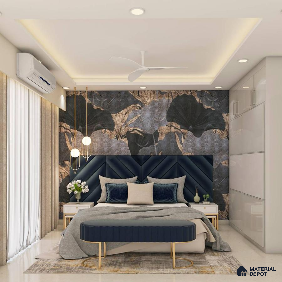 Classic master bedroom with elegant blue theme, sliding door wardrobe, and royal decor