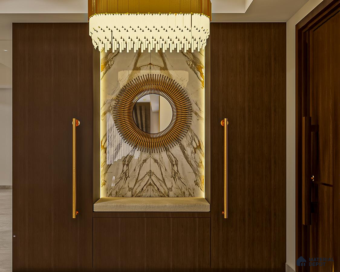 Elegant classic foyer with chandelier, golden accents, and regal decor