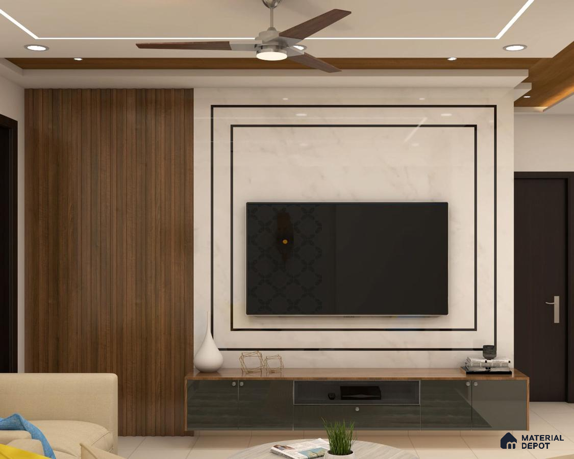 Spacious room with high ceilings, contemporary TV cabinet with wooden panels, and a marble backdrop, showcasing a sizable TV in elegant harmony.