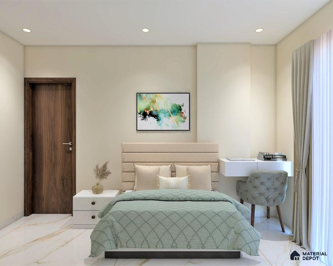 room with wall art and study table