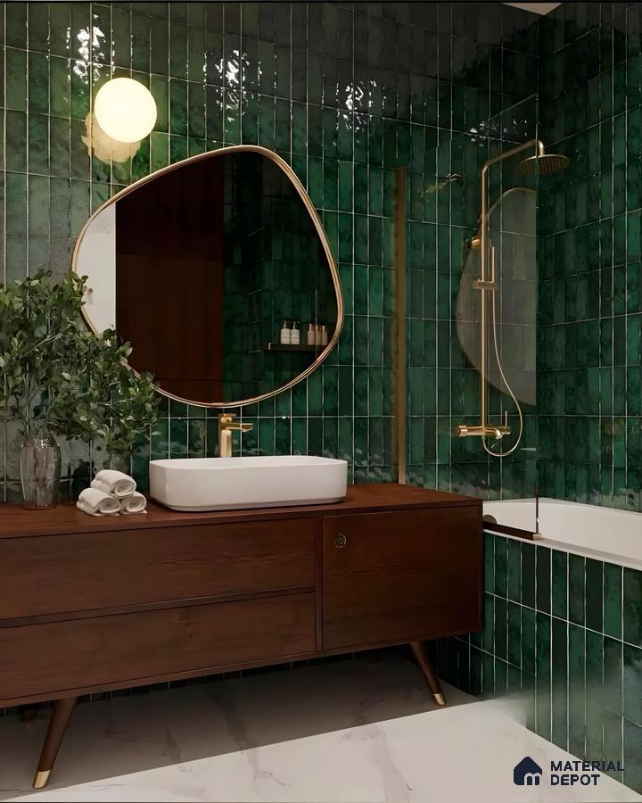 Emerald Elegance: Modern Bathroom with Gold Accents | Material Depot