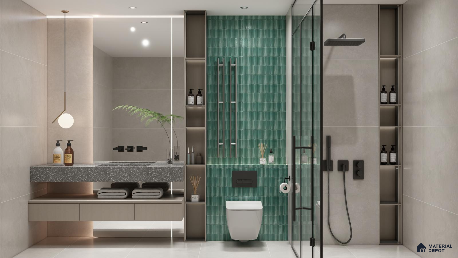 Bathroom with Teal Herringbone Tiles and Geometric Flooring | Material Depot