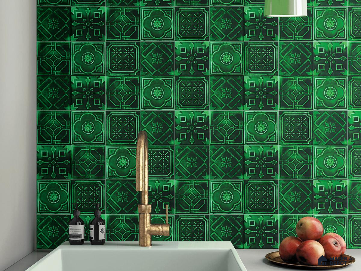 Emerald Green Vintage Patterned Backsplash with a Luxe Appeal | Material Depot