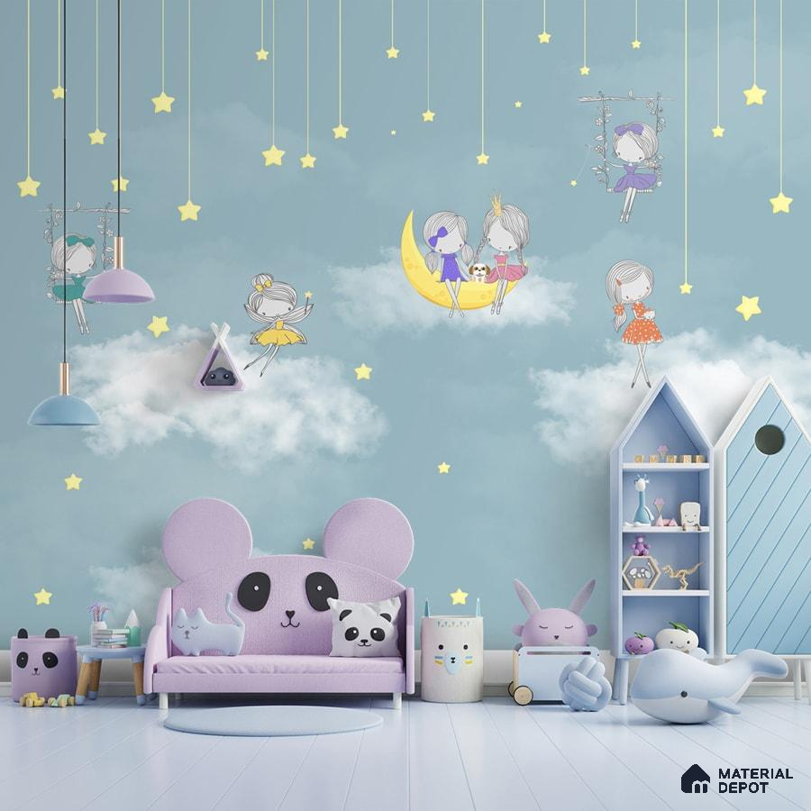 A close-up of a Cute Fairies Wallpaper for Girls Room Walls Sparkla N Shine Series Entertainment Design (Customised Size Wallpaper) with a finish available at Material Depot in Bangalore