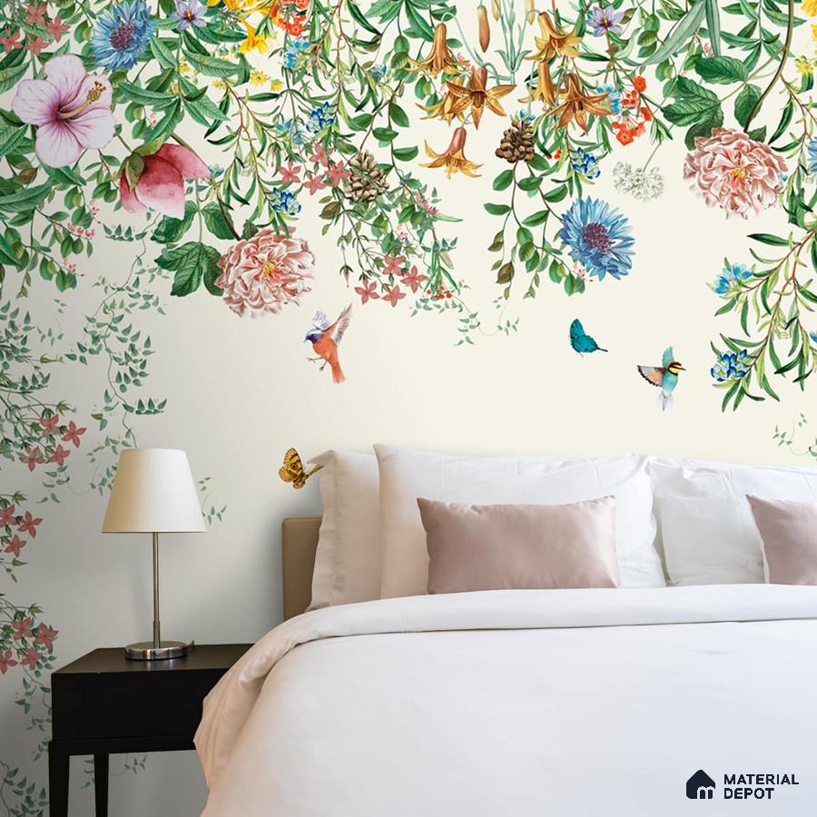 A close-up of a Unique Hanging Floral and Bird Wallpaper for Bedrooms Sparkla N Shine Series Florals Design (Customised Size Wallpaper) with a finish available at Material Depot in Bangalore