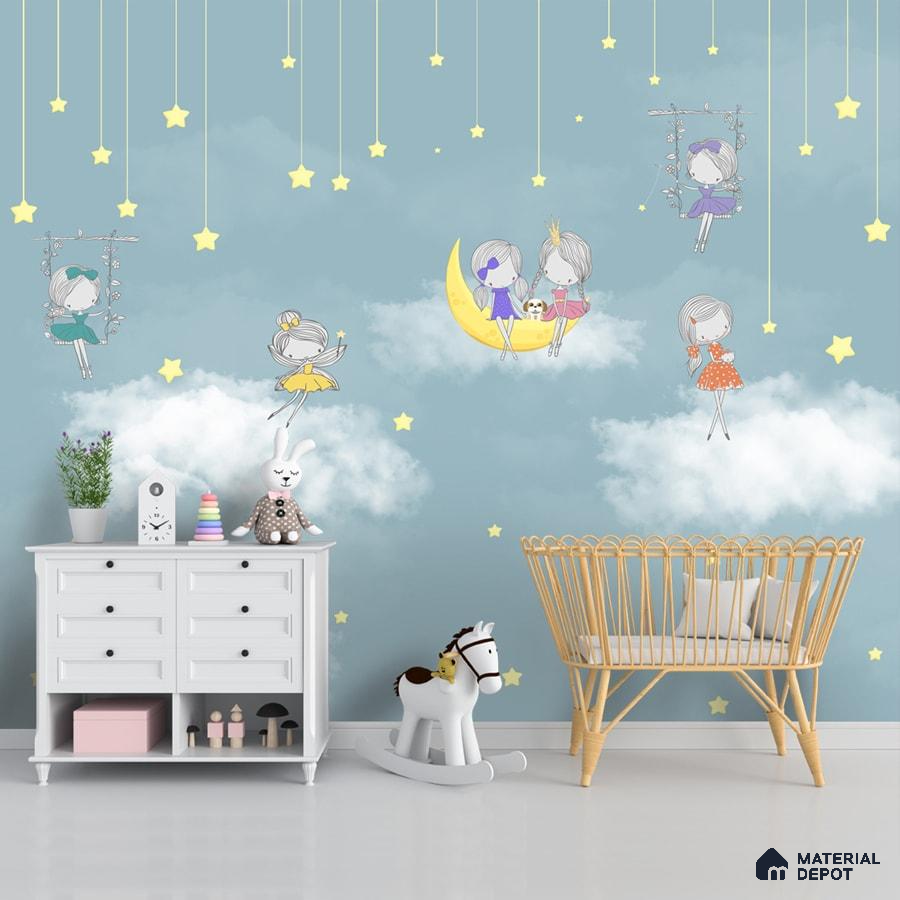 A close-up of a Cute Fairies Wallpaper for Girls Room Walls Sparkla N Shine Series Entertainment Design (Customised Size Wallpaper) with a finish available at Material Depot in Bangalore