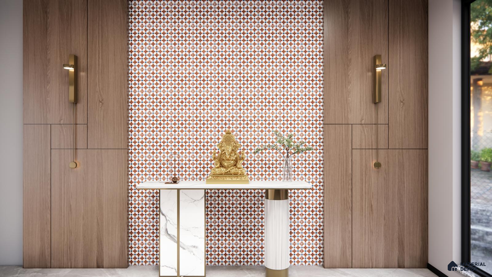 Ethnic Patterned Tile Backdrop for a Peaceful Pooja Unit | Material Depot