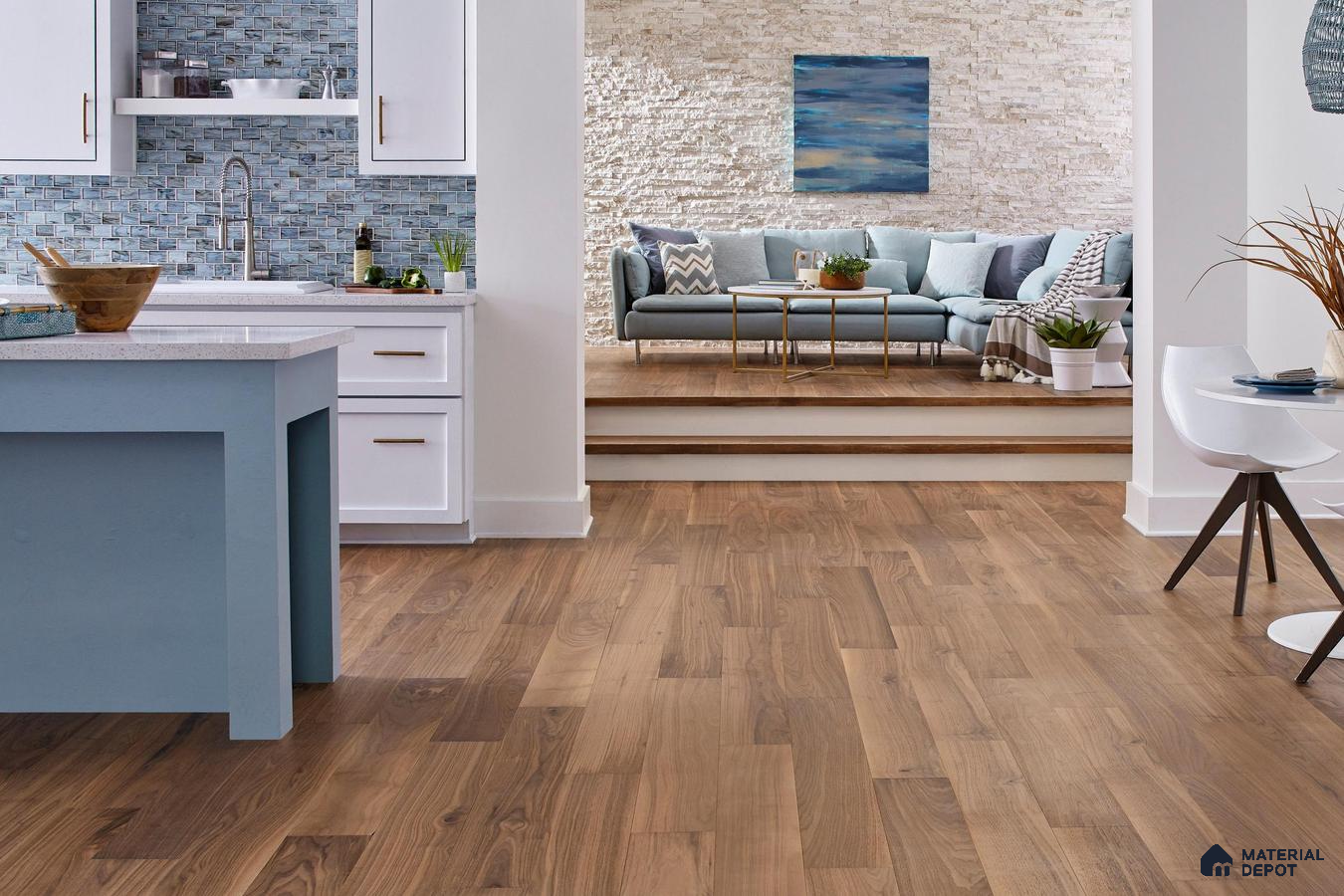 Blue laminate and textured wallpaper with wooden floor