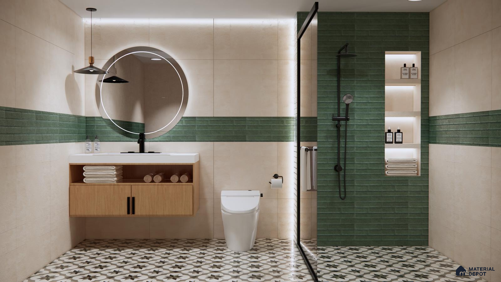 Bathroom with Green Subway Tiles and Vintage Patterned Flooring | Material Depot