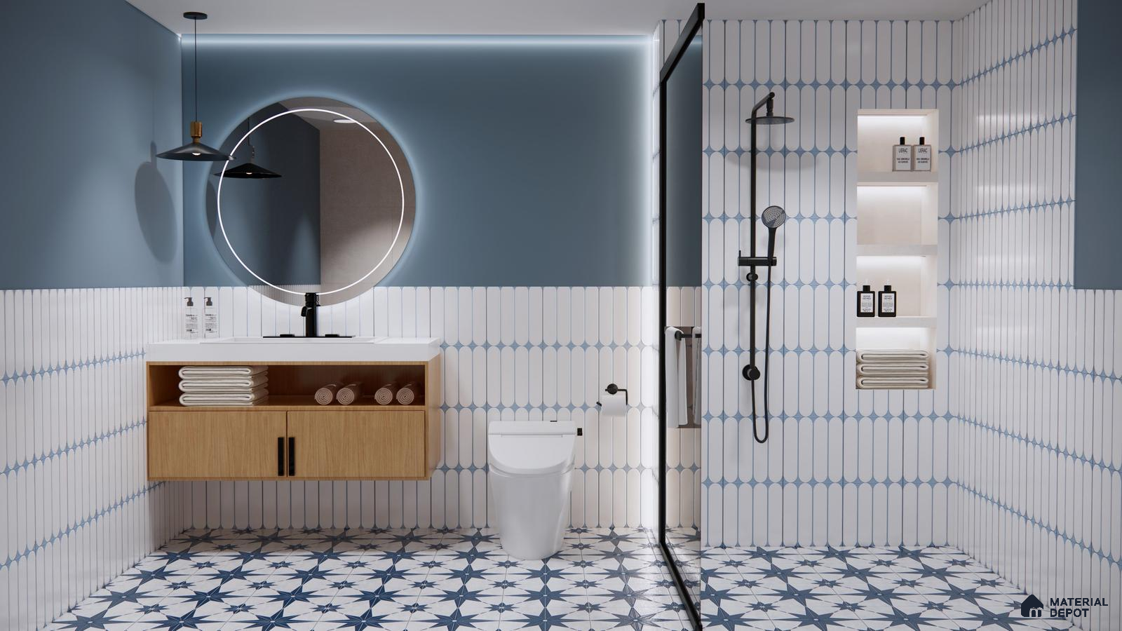 Blue and White Bathroom with Patterned Flooring and Sleek Accents | Material Depot