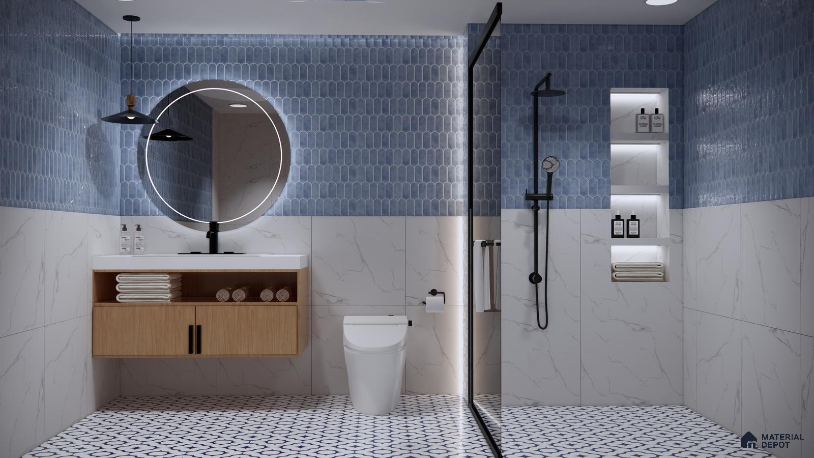 Modern Bathroom with Blue Scallop Tiles and Marble Accents | Material Depot