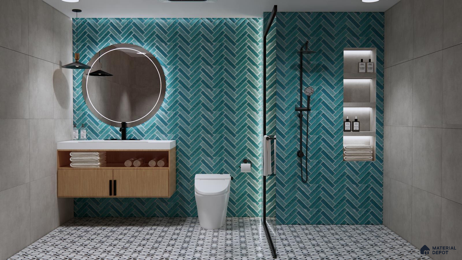 Elegant Bathroom with Bold Blue Subway Tiles and Subtle Geometric Flooring | Material Depot
