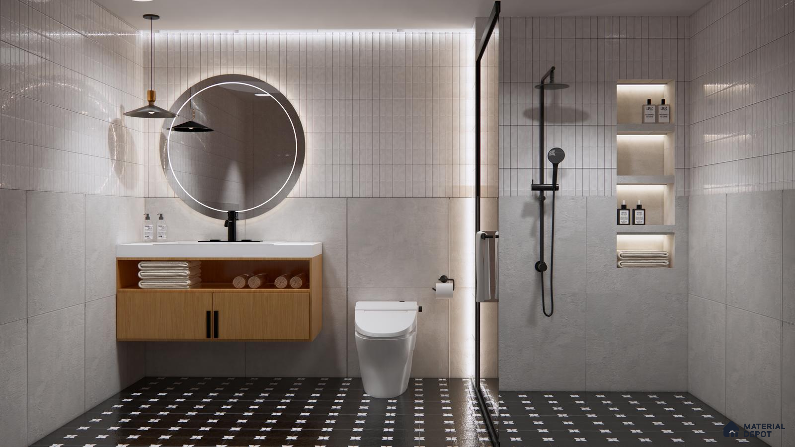 Minimalist Bathroom with Vertical Subway Tiles and a Warm Wooden Vanity | Material Depot