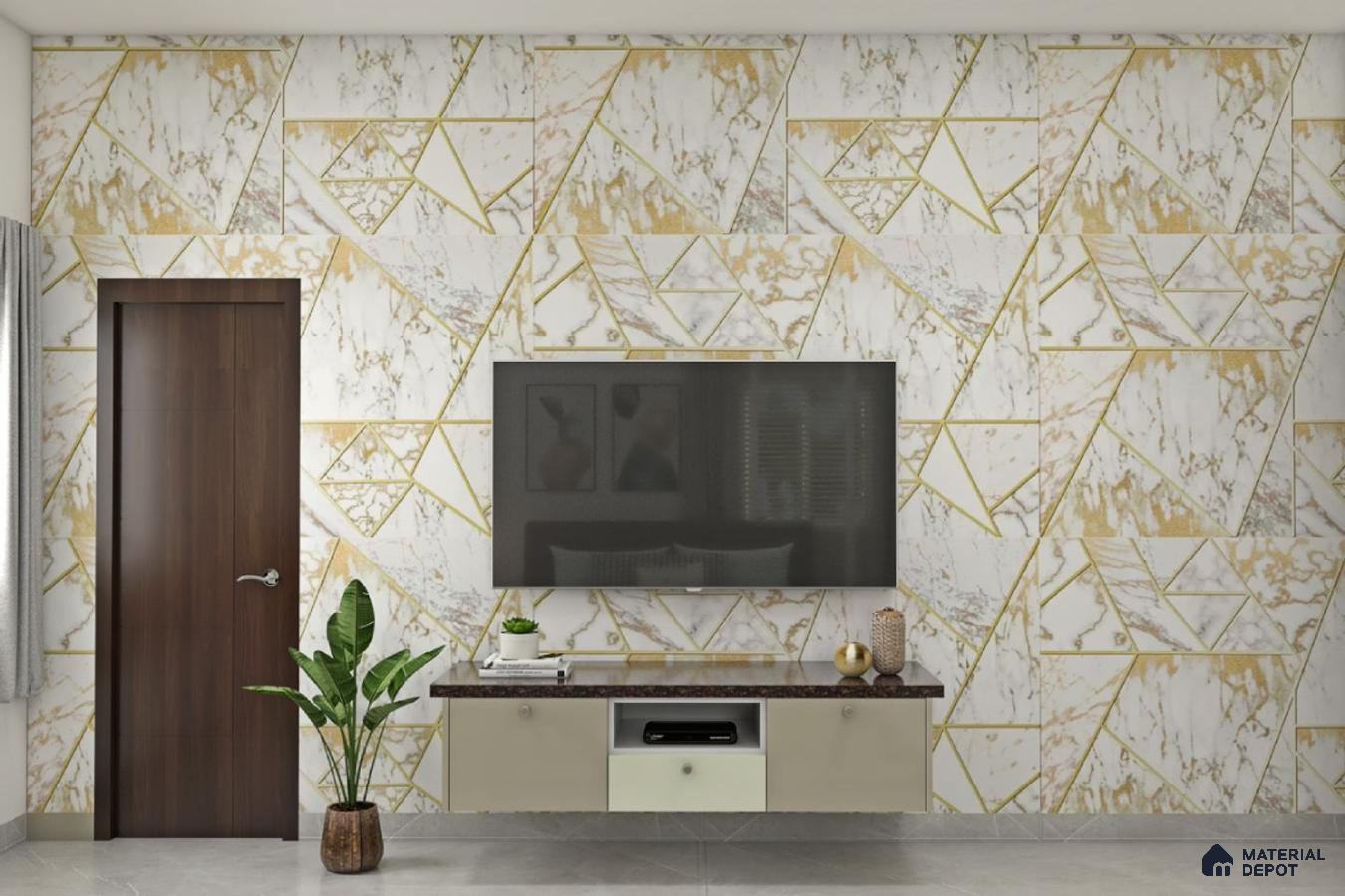 Modern TV wall unit with wallpaper: Floating elegance and seamless design for a sophisticated and efficient entertainment space.