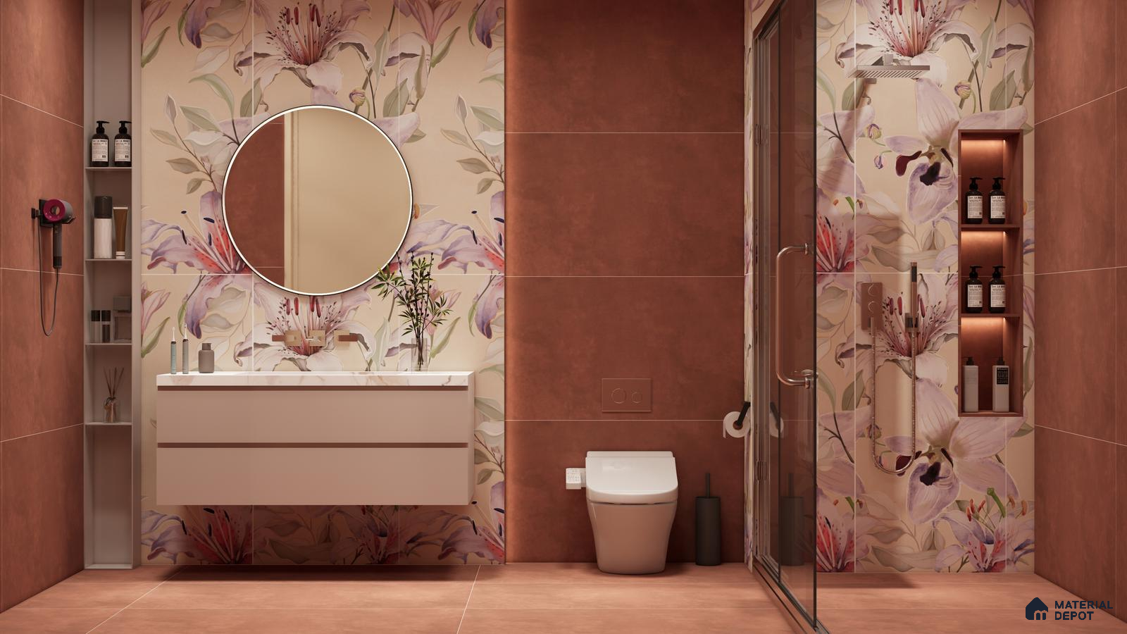 Floral Elegance: A Warm Terracotta Bathroom with Statement Wall Tiles | Material Depot