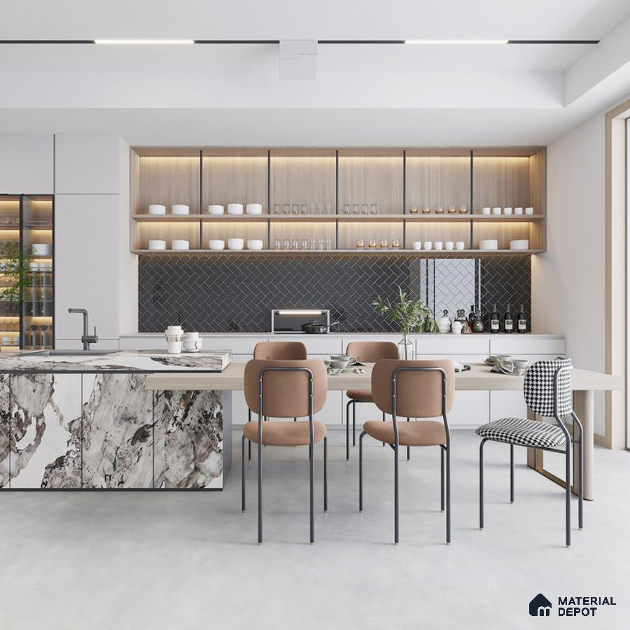 Floral Elegance Kitchen Textured White and Grey Accents | Material Depot