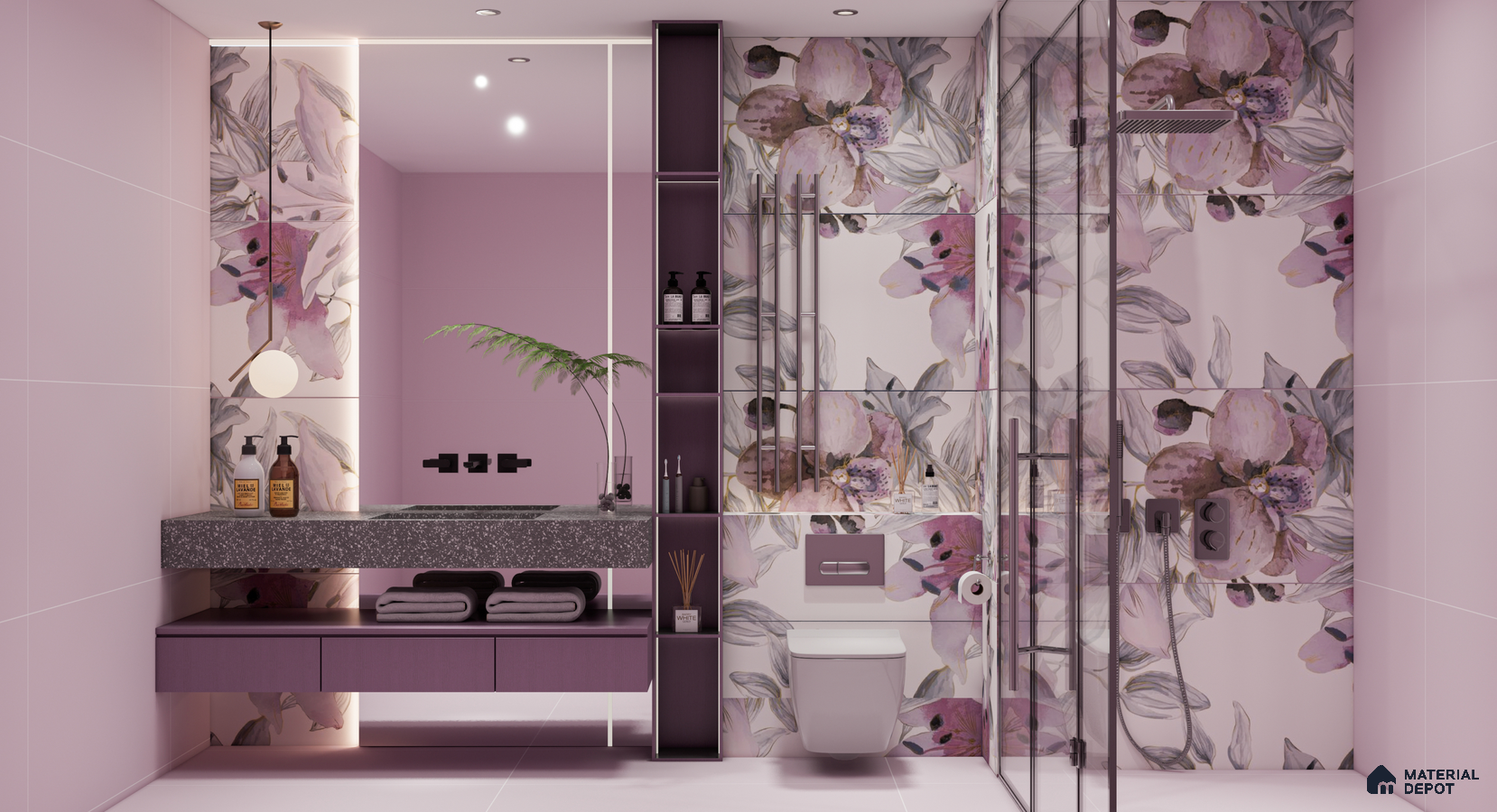 Floral Highlighter Tiles in a Soft Blush Bathroom | Material Depot