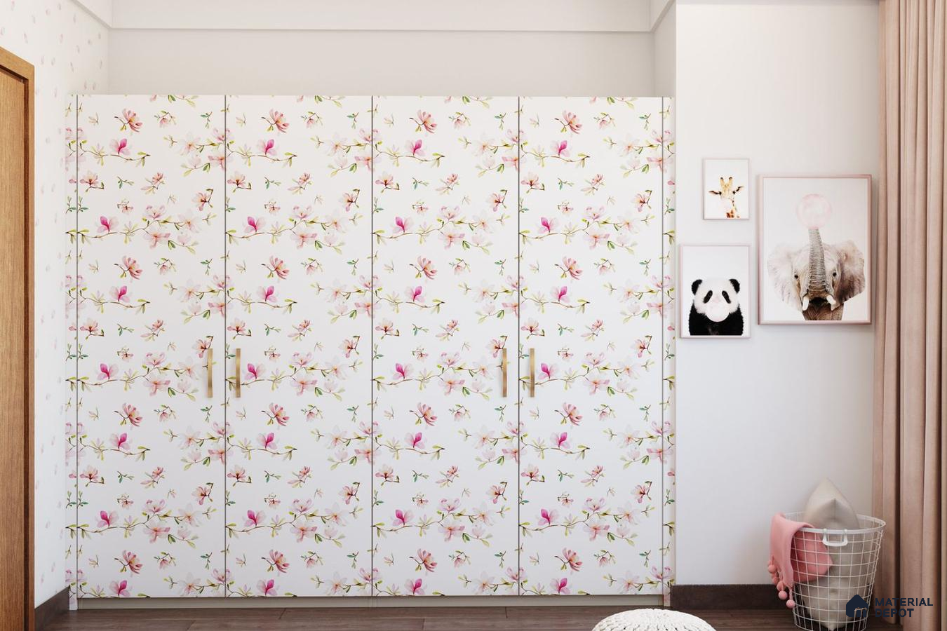 A wardrobe with a floral design in a white room