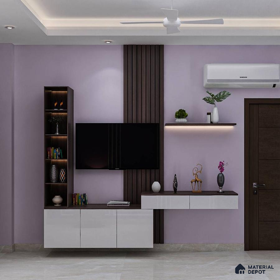 Modern TV Unit with Fluted Panels and Lilac Accent Wall.