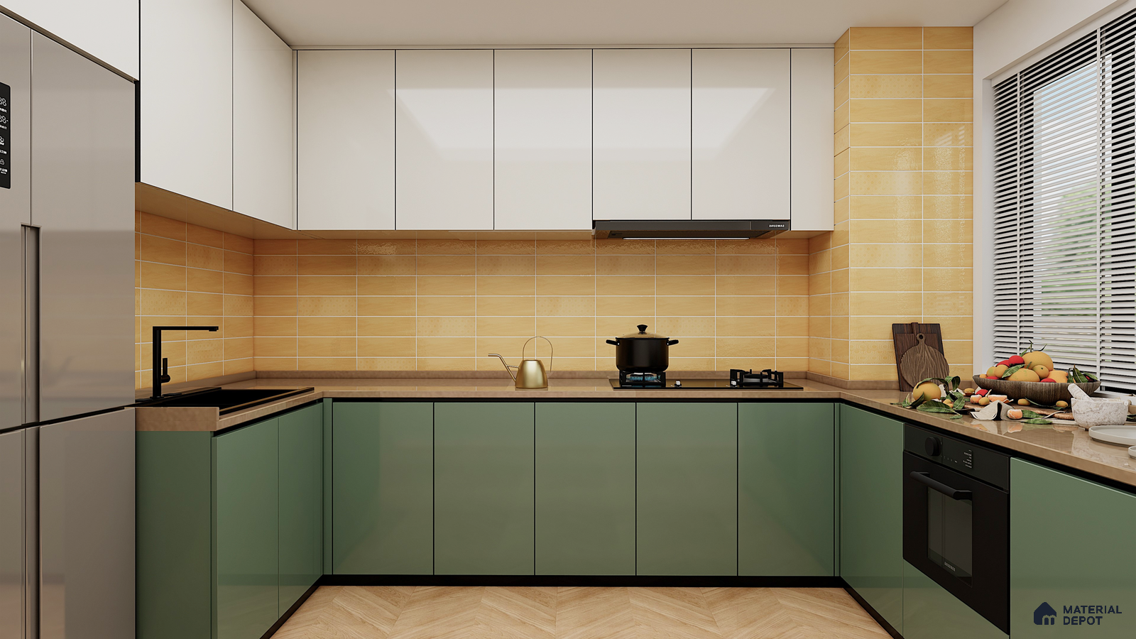 Fresh Kitchen with Green Cabinets and Yellow Subway Tiles | Material Depot