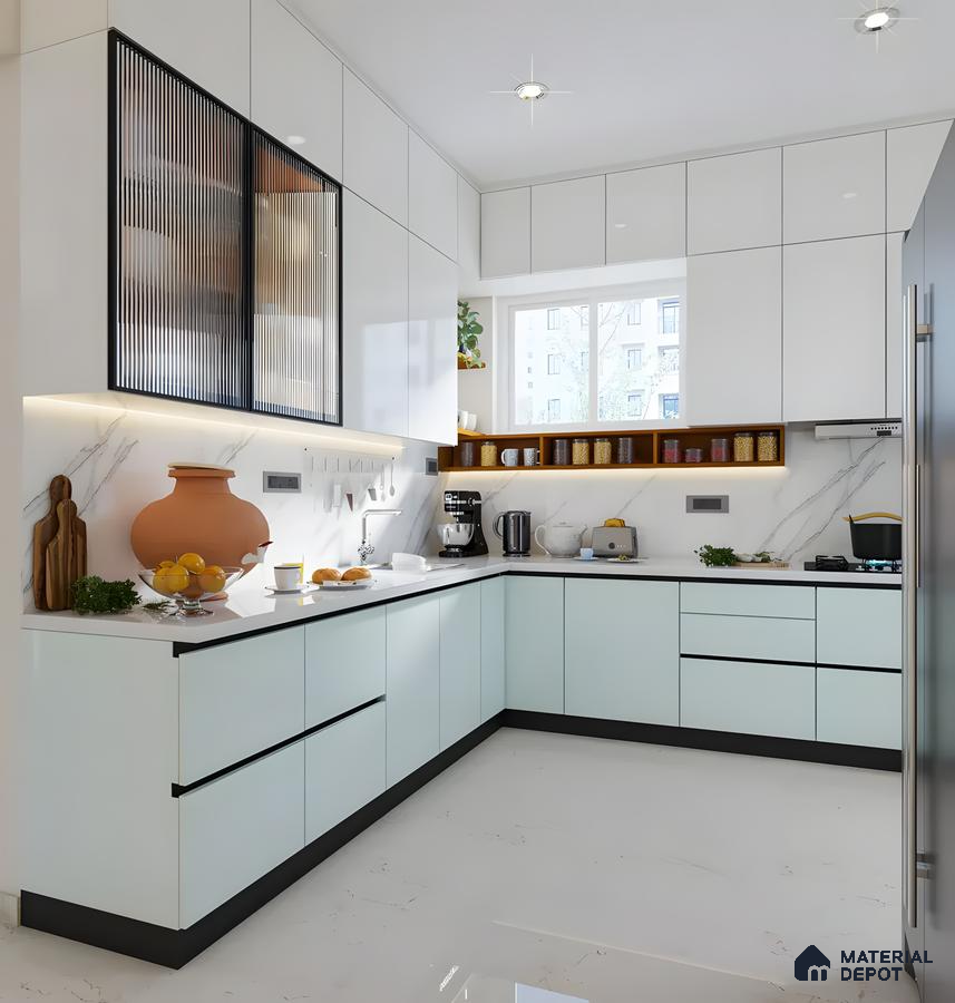 Frosted Aqua Acrylic & Marble Charm: A Bright L-Shaped Kitchen With Fluted Glass And Open Spice Shelf | Material Depot