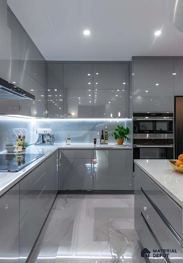 Futuristic Grey Gloss Modular Kitchen With Ambient Lighting | Material Depot