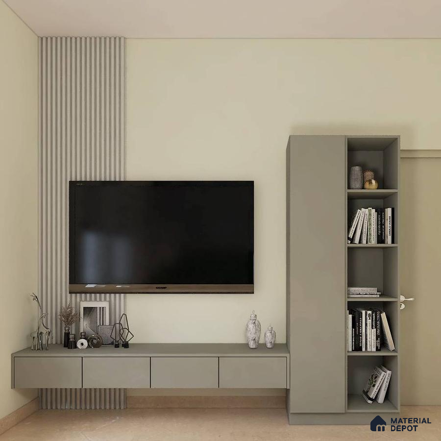 Grey TV Unit with Fluted Panel Accent
