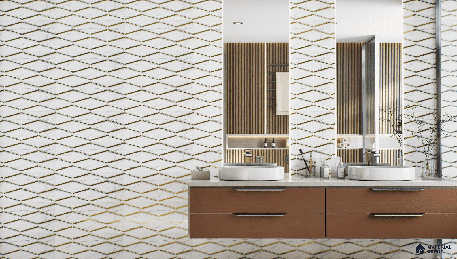 Chic bathroom with diagonal marble and gold glass highlighter tiles.