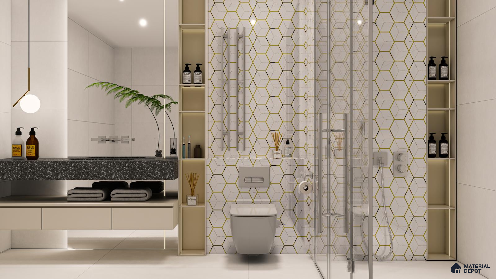 Geometric Gold Highlight Tile for Modern Bathrooms | Material Depot