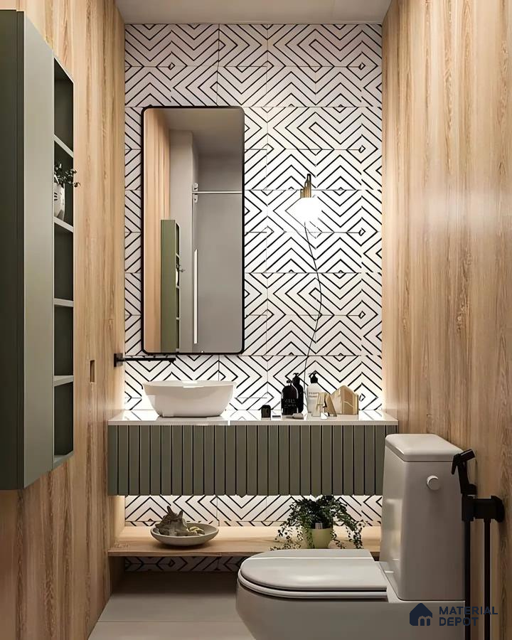 Geometric Patterned Bathroom with Modern Vanity | Material Depot
