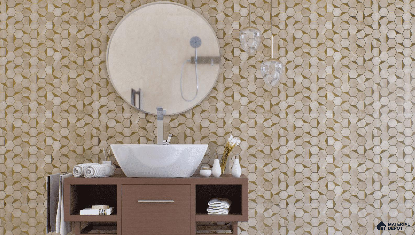 Warm bathroom with golden honeycomb glass highlighter tiles