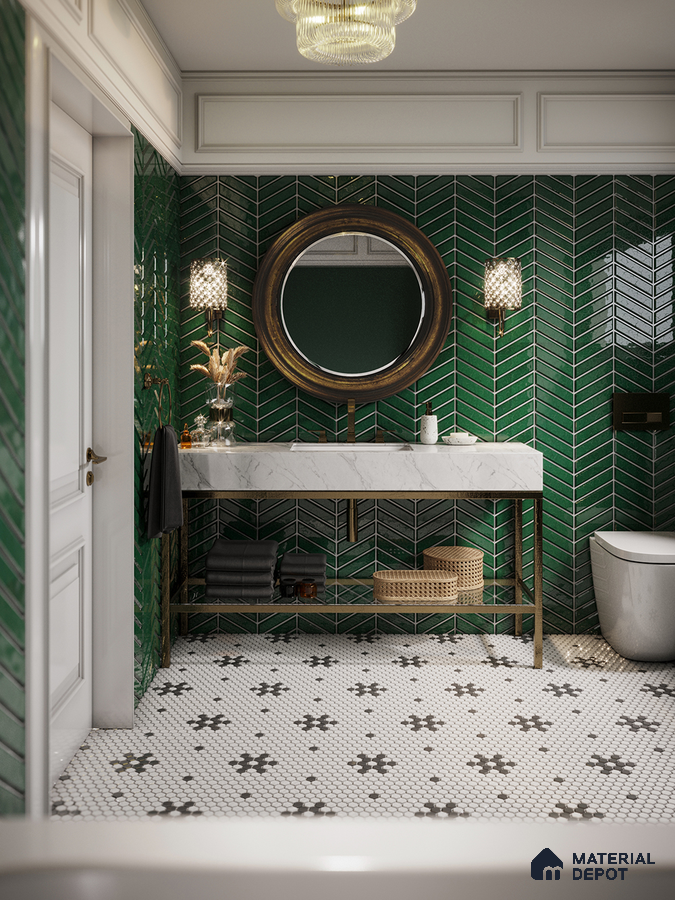 Glamorous Bathroom with Green Herringbone Tiles | Material Depot
