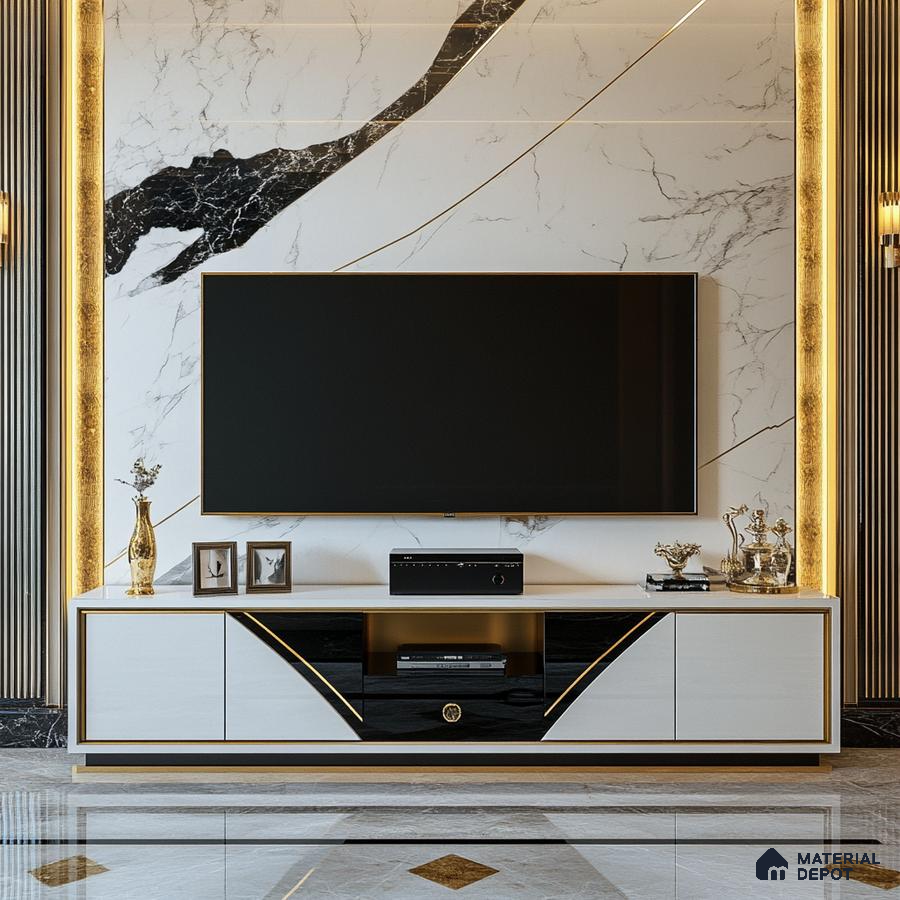 Glamorous Living Room with Marble Feature Wall and Gold Accents | Material Depot