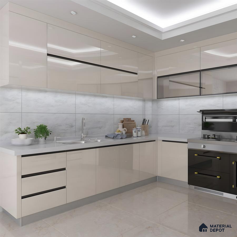 Glossy Beige Kitchen With Marble Backsplash And Modern Black Accents | Material Depot
