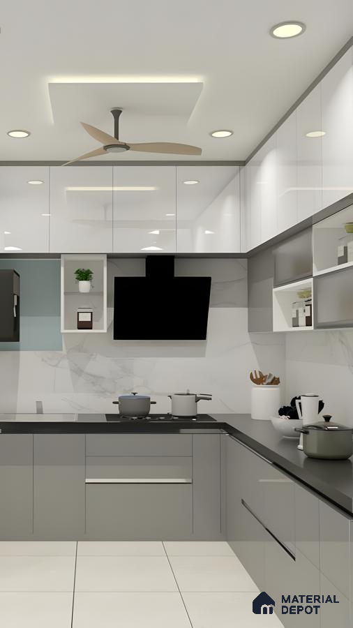 Glossy Grey And White U-Shaped Kitchen With Marble Backsplash And Circular Light Ceiling Panel | Material Depot