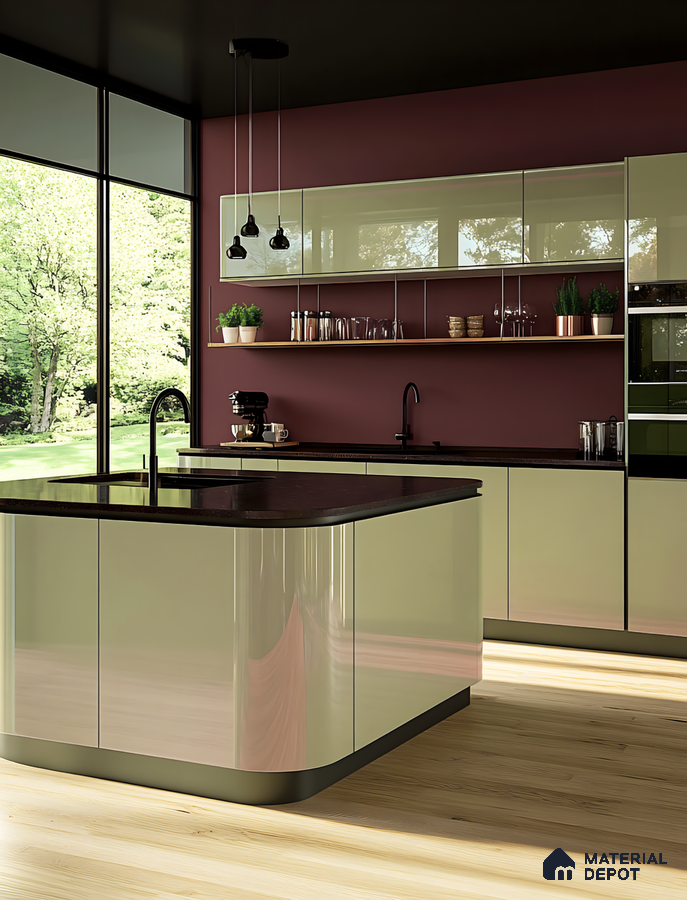 Contemporary Green and Oak Kitchen with Textured Backsplash | Material Depot