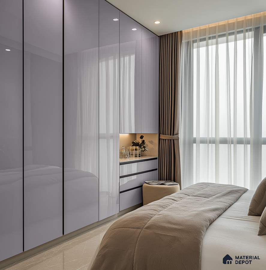 Glossy Lavender Laminate Wardrobe with Niche Storage in Modern Bedroom | Material Depot
