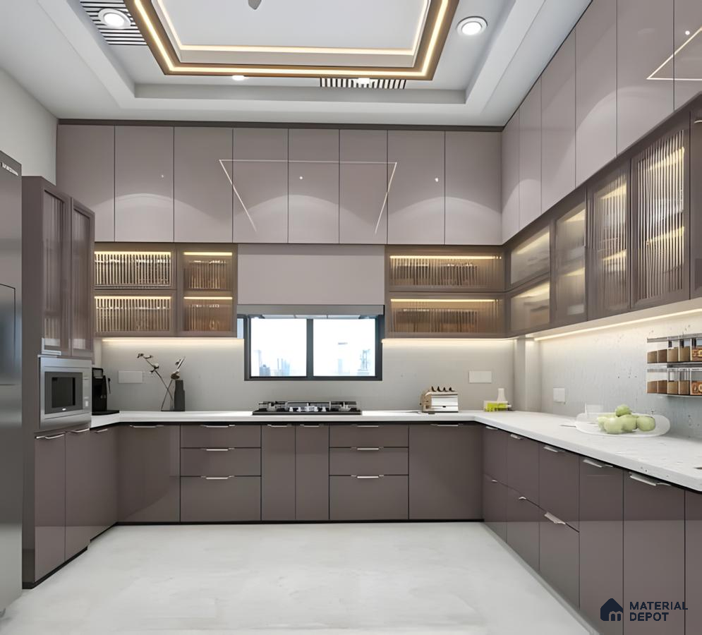 Glossy Lavender Modular Kitchen With Fluted Glass Cabinets And Cove Ceiling Lights | Material Depot
