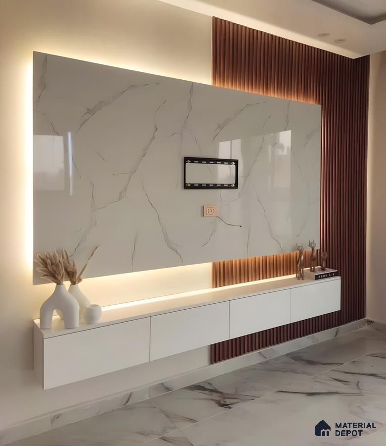 Glossy Marble-Finish Tv Panel With Warm Backlighting And Fluted Wood Accents | Material Depot