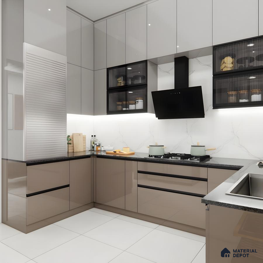 Glossy Mocha Acrylic & Marble Fusion: A Sleek L-Shaped Kitchen With Fluted Glass Uppers | Material Depot