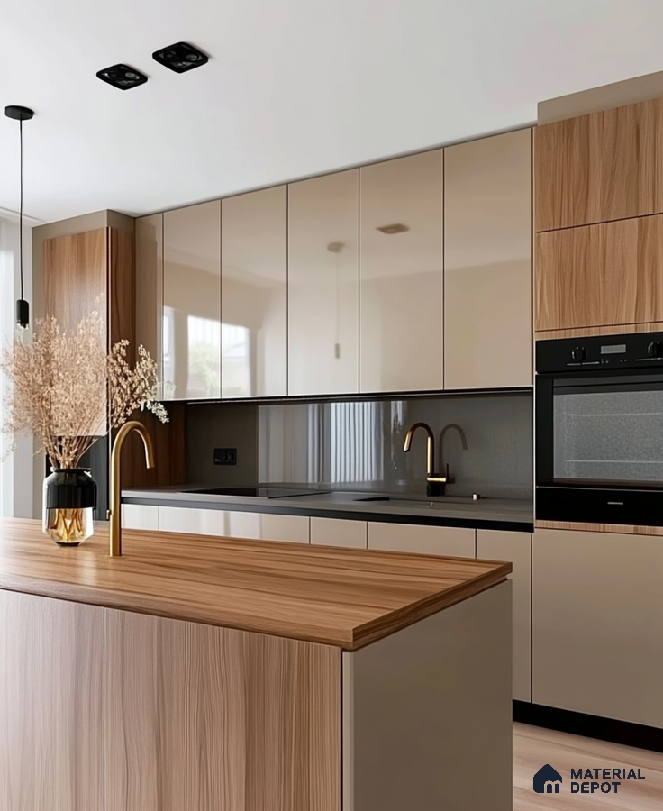 Glossy Island Kitchen with Dark Accents and Floor-to-Ceiling Windows | Material Depot