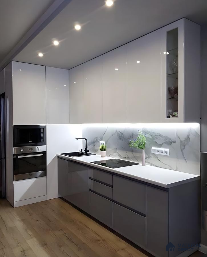 Glossy Monochrome Kitchen With Marble Backsplash Elegance | Material Depot