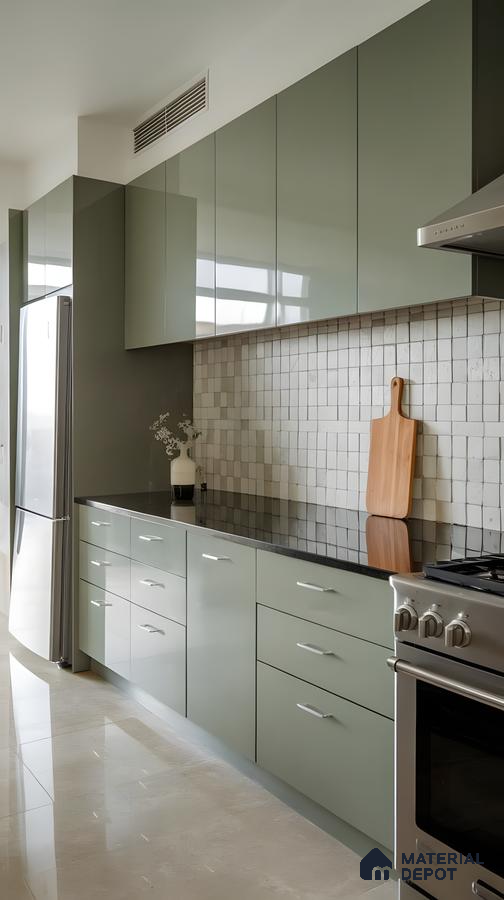Glossy Olive Green Kitchen With Textured Stone Backsplash And Sleek Black Countertops | Material Depot