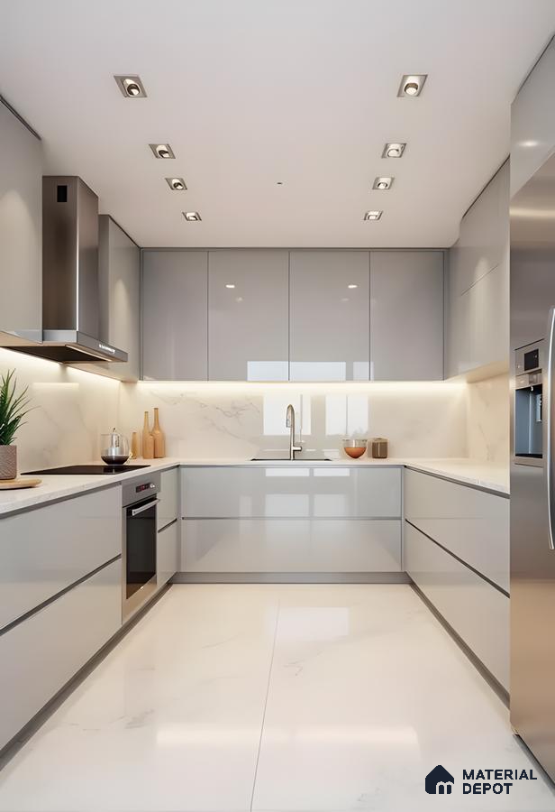 Glossy Serenity: A Modern Grey High-Gloss Kitchen With Marble Accents | Material Depot