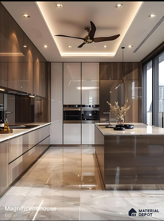 Glossy White And Walnut Kitchen With Warm Lighting And Fluted Shelves | Material Depot