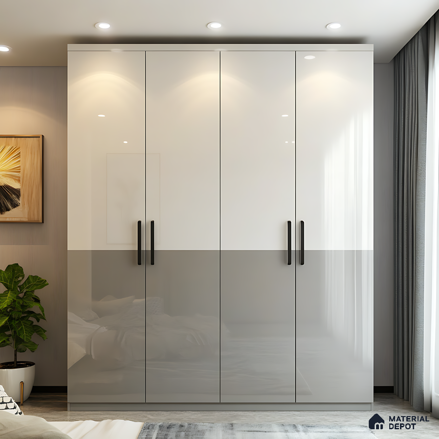 Glossy White and Light Grey Wardrobe with Sleek Black Handles | Material Depot