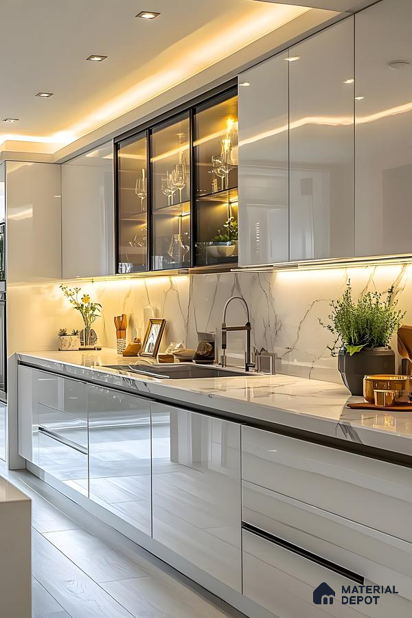 Glossy White Modern Kitchen With Marble Backsplash And Ambient Lighting | Material Depot